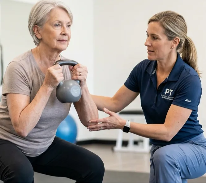 Physical therapist coaching an older adult through a kettlebell squat